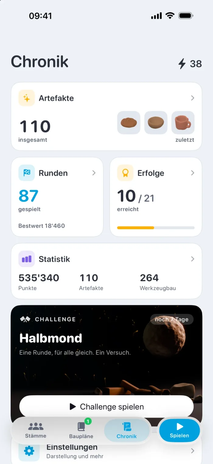 Chronik mit Artefakten, Runden, Erfolgen und Challenge
